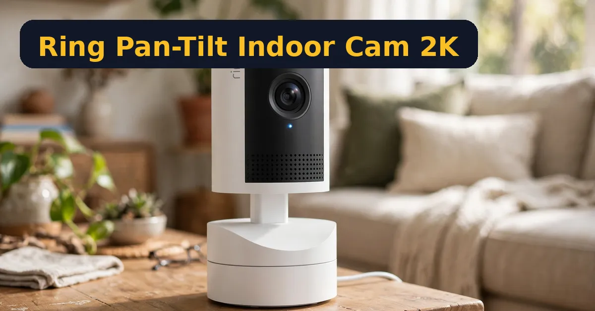 Ring Pan-Tilt Indoor Cam 2K on a living room table watching the room
