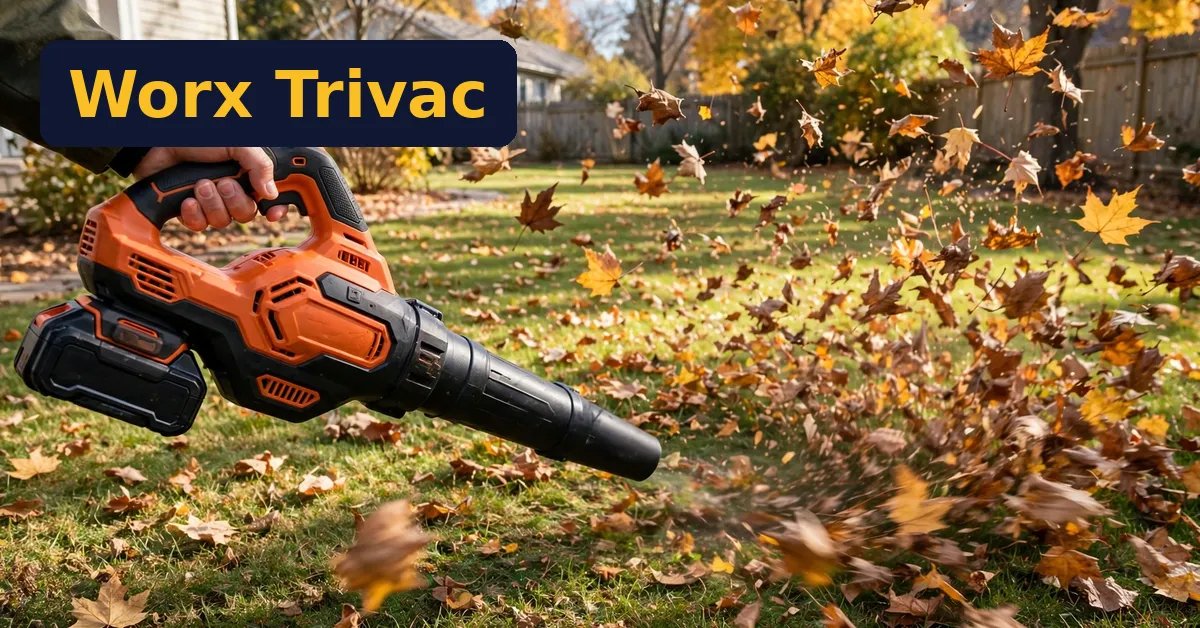 Worx 2026 Trivac cordless blower clearing autumn leaves in a yard