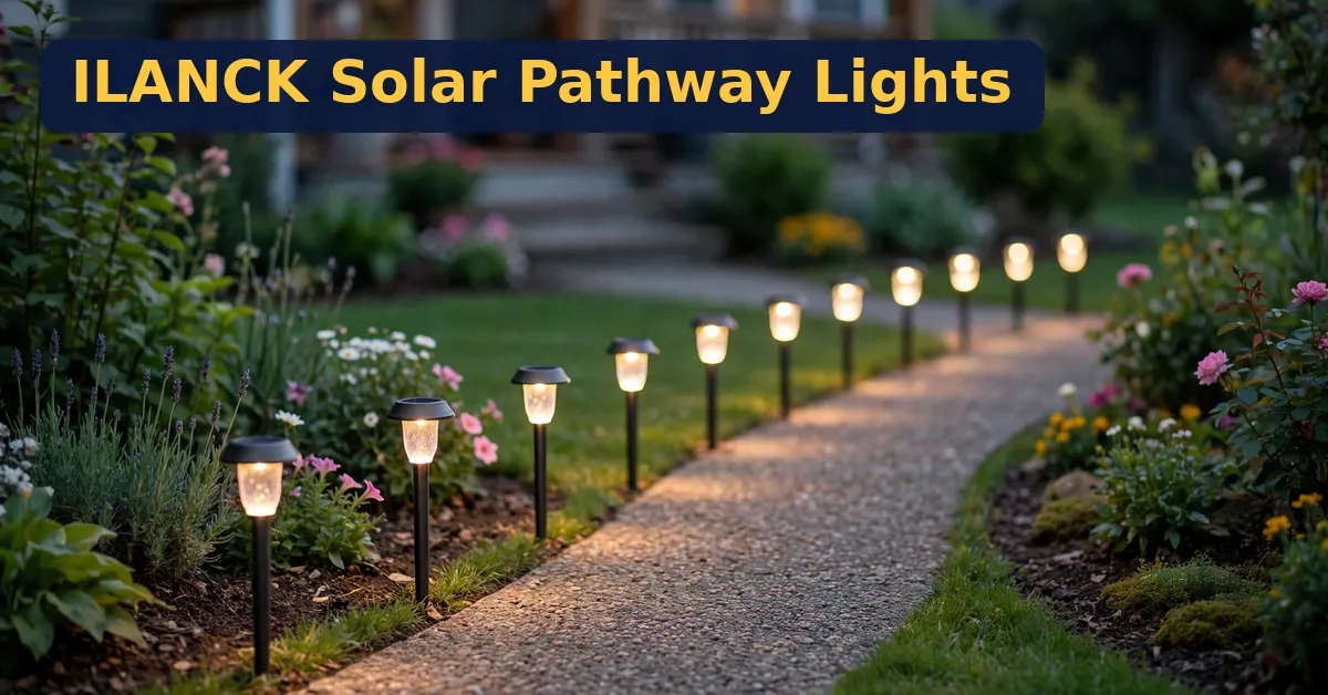 ILANCK Solar Pathway Lights review ILANCK Solar Pathway Lights review - warm white solar stake lights glowing along a garden walkway at dusk