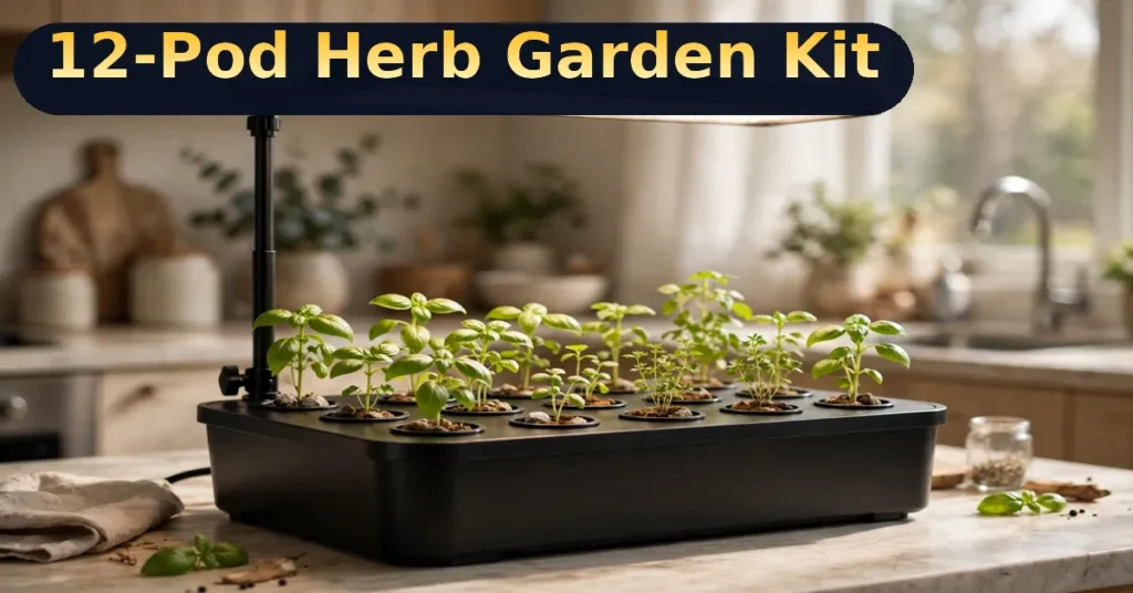 Indoor herb garden kit — 12-pod hydroponic system with LED grow light on kitchen counter