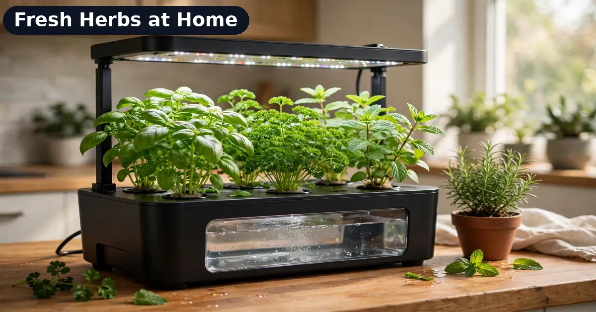 Thriving indoor herb garden kit with mature herbs in a sunny kitchen Thriving indoor herb garden kit with mature green herbs growing in a sunny kitchen