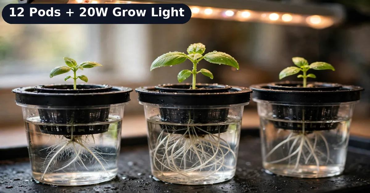 Indoor herb garden kit pods with basil seedlings under LED grow light Close-up of indoor herb garden kit pods with basil seedlings growing under the LED grow light