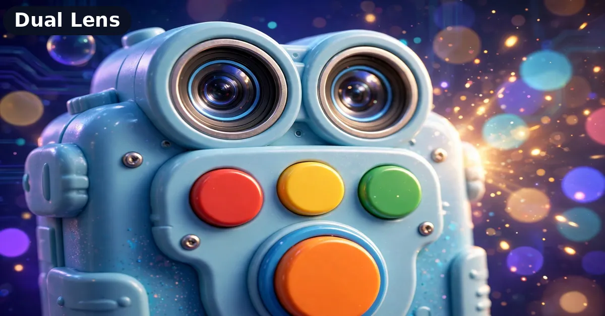 Close-up of the INOCTI kids instant camera dual lenses and big simple buttons