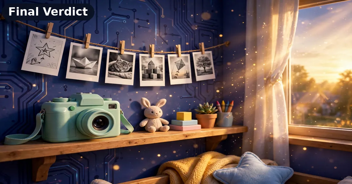 Printed photos from the INOCTI kids instant camera hanging on a string in a child's room