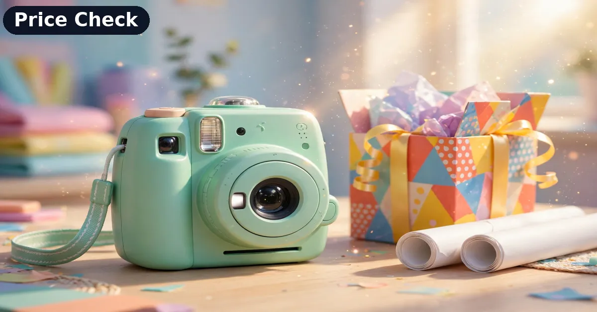 INOCTI kids instant camera beside its gift box and spare paper rolls for this price review
