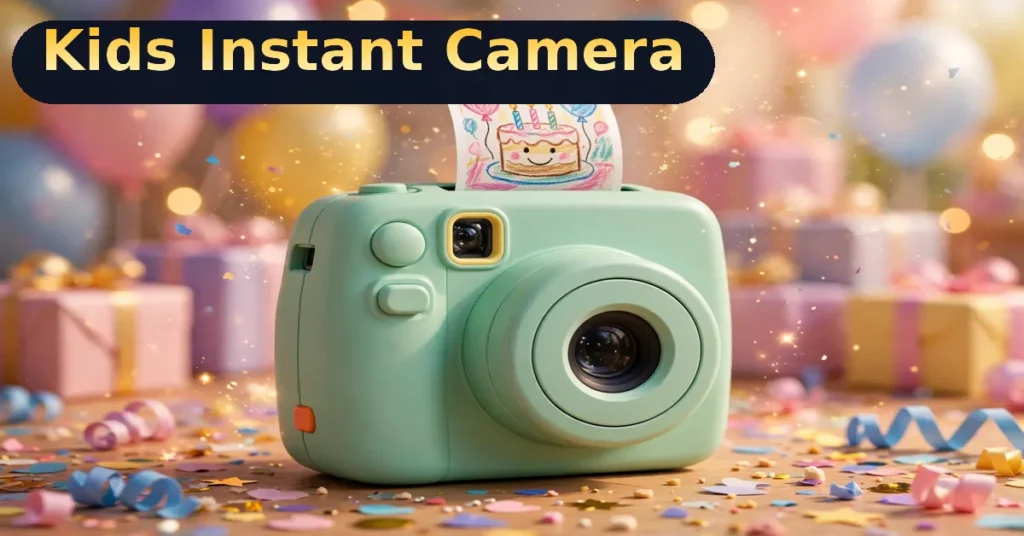 INOCTI kids instant camera in mint green printing a photo at a birthday party