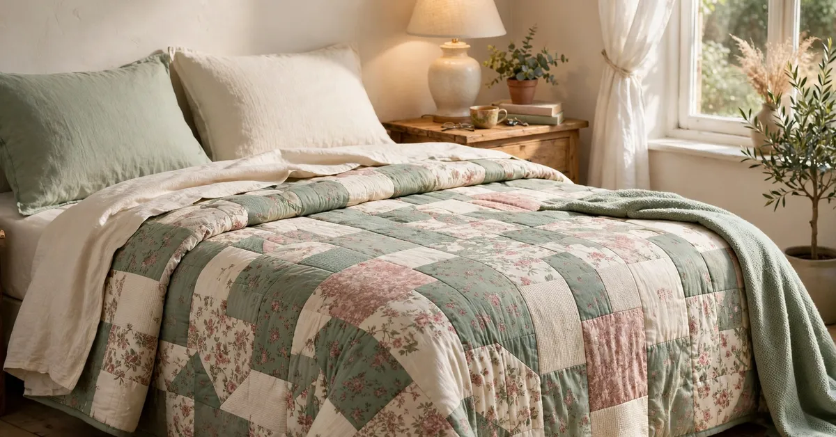 Whale Flotilla Patchwork Quilt on a Bed Whale Flotilla patchwork quilt set spread on a bed in a bright bedroom