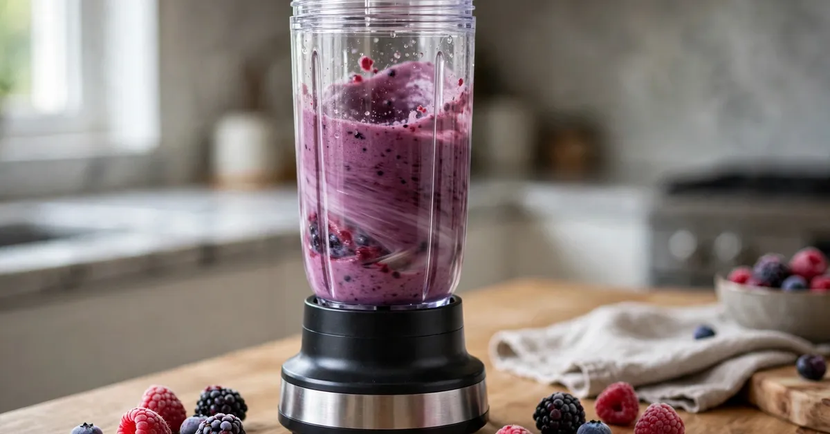 Ninja BlendBOSS blending a frozen berry smoothie in its travel tumbler