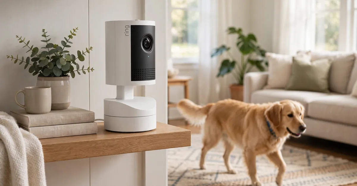 Ring Pan-Tilt Indoor Cam 2K tracking a dog across a living room