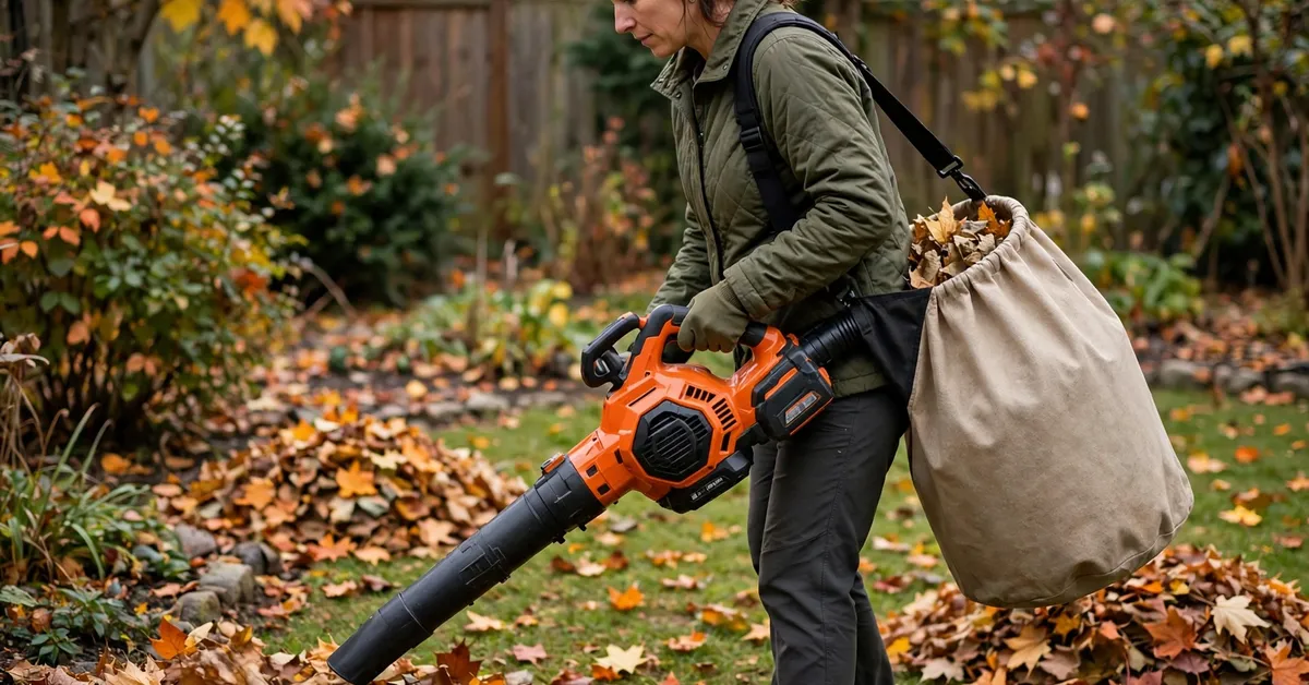Worx Trivac vacuuming leaves into its collection bag in autumn