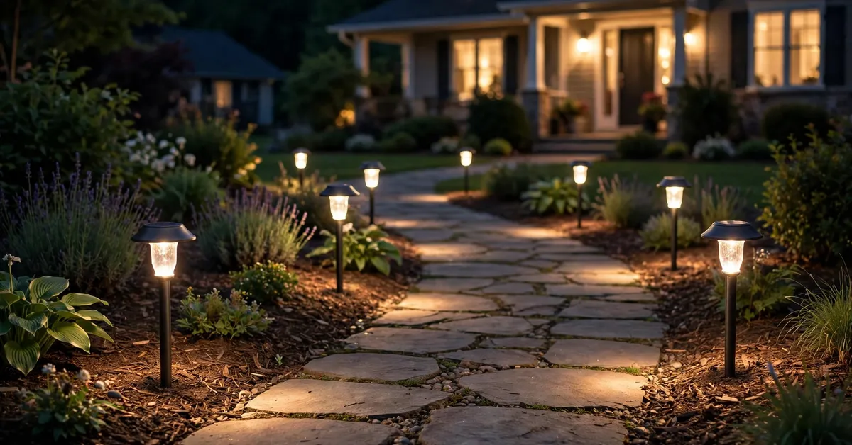 ILANCK solar pathway lights in use at night ILANCK solar pathway lights in use - stone garden path lined with glowing warm white solar stake lights at night