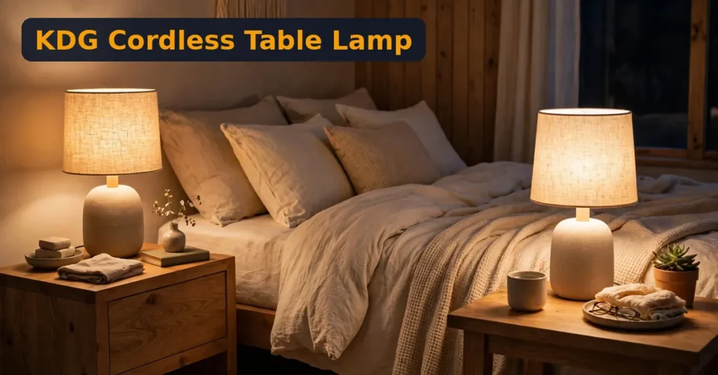KDG cordless table lamp review - two cordless lamps glowing warm on bedside tables at night