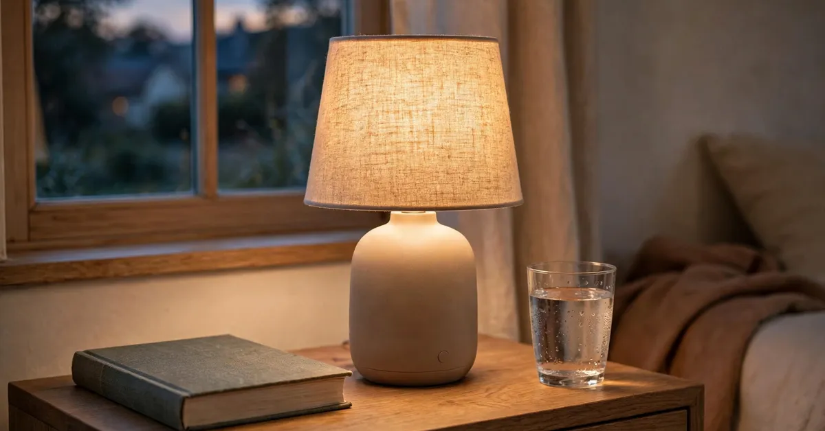KDG cordless lamps glowing warm on bedroom nightstands beside a bed at night