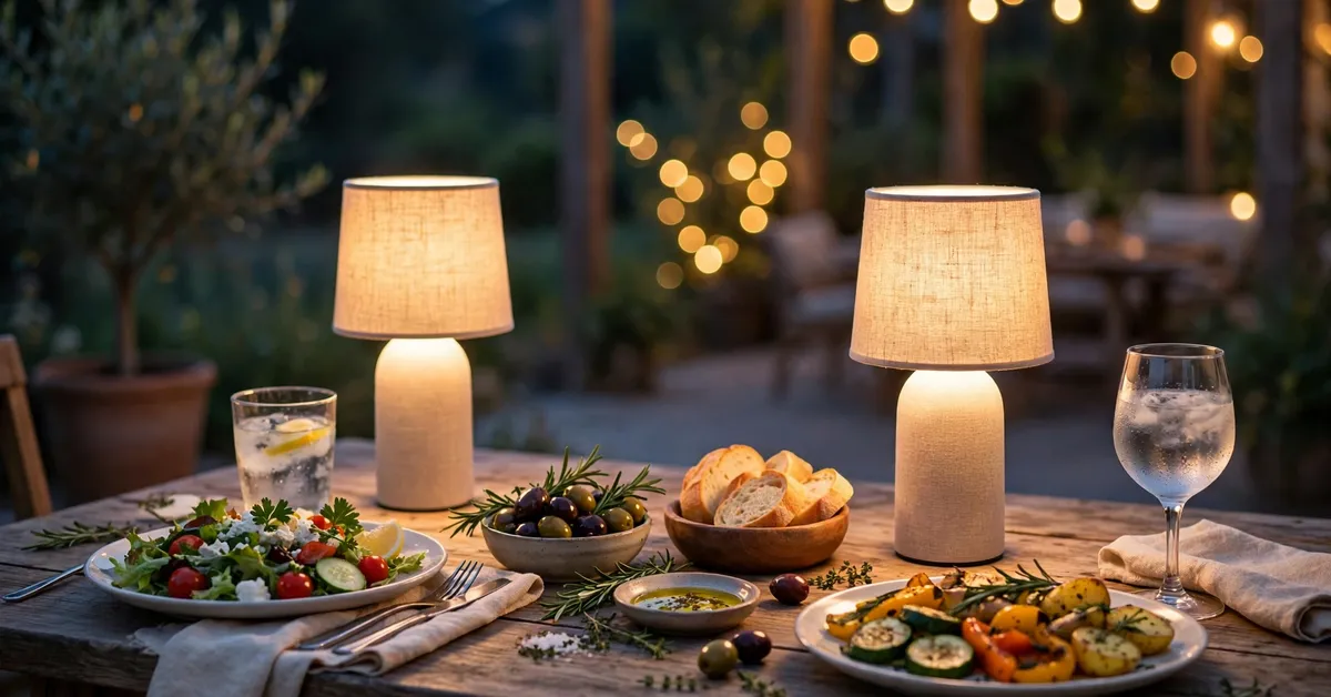 KDG cordless lamps glowing warm on an outdoor patio dinner table at dusk