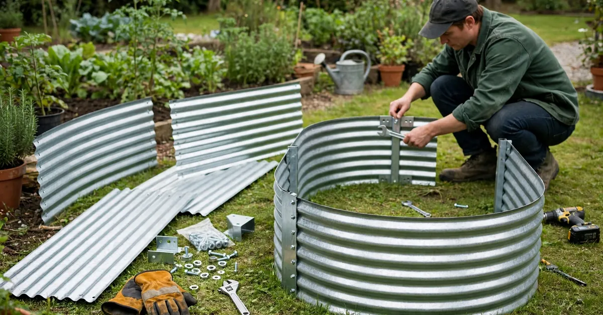 Land Guard galvanized raised garden bed in a garden galvanized raised garden bed oval kit in a sunny garden