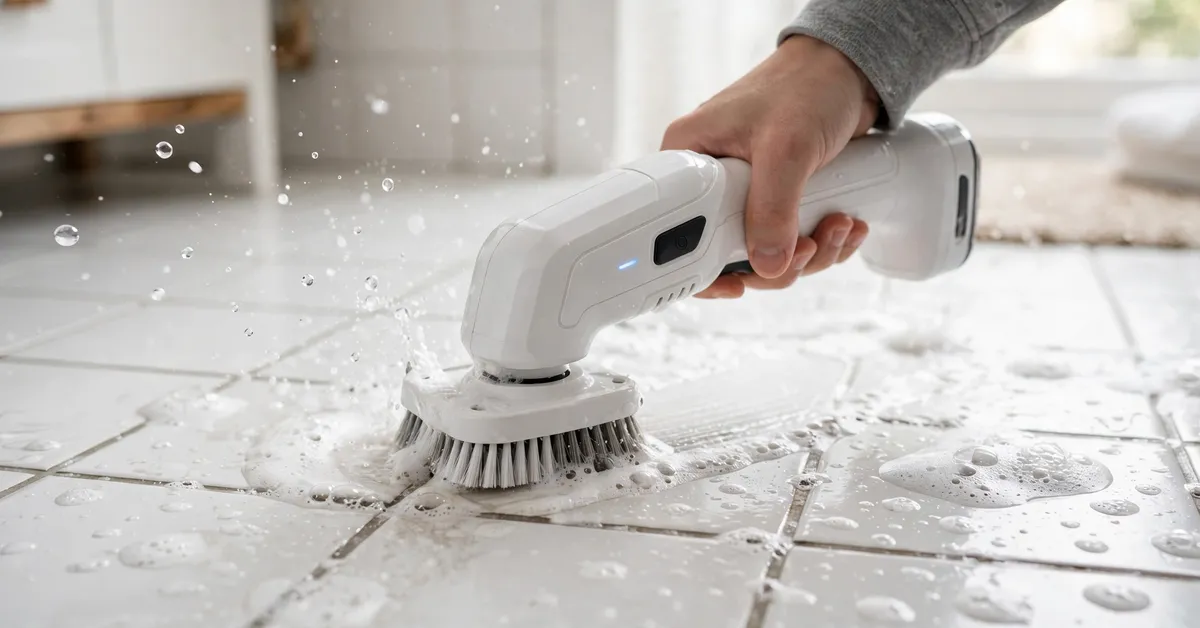 Leebein electric spin scrubber in use — cleaning a shower with the long handle Leebein electric spin scrubber in use — cleaning a shower with the long handle