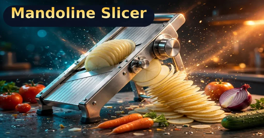 LMETJMA adjustable mandoline slicer review — stainless steel mandoline slicing a potato into thin slices