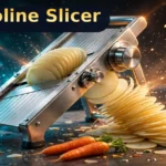LMETJMA adjustable mandoline slicer review — stainless steel mandoline slicing a potato into thin slices