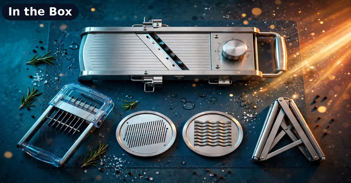 LMETJMA Mandoline Parts Laid Out Parts of the LMETJMA adjustable mandoline slicer including the food holder and steel plates