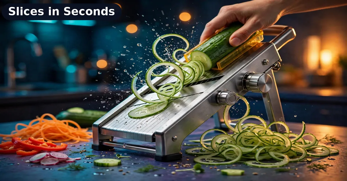 LMETJMA Mandoline Slicing a Cucumber LMETJMA adjustable mandoline slicer cutting cucumber ribbons with the safety food holder