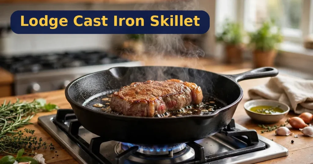Lodge cast iron skillet in a real kitchen scene - best cast iron skillet review