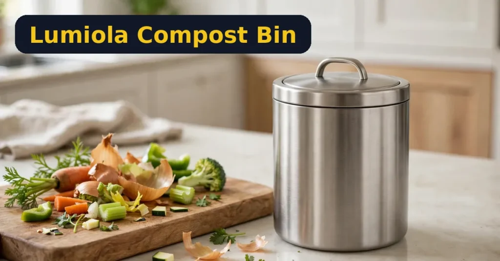 Lumiola countertop compost bin on a kitchen counter next to vegetable scraps