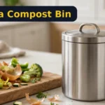 Lumiola Countertop Compost Bin Review Lumiola countertop compost bin on a kitchen counter next to vegetable scraps