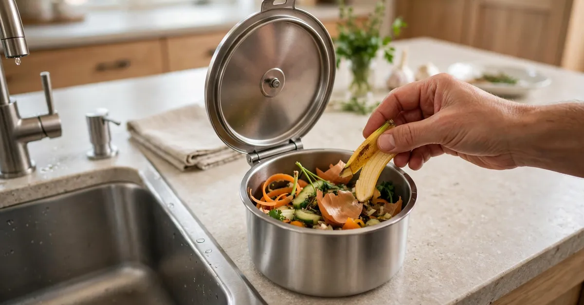 Lumiola compost bin in use in a kitchen Lumiola compost bin with lid open, vegetable peels inside, beside a kitchen sink
