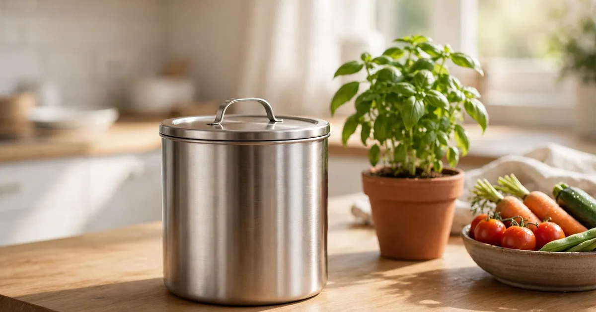 Lumiola compost bin in a bright kitchen Lumiola compost bin beside a potted herb plant and fresh vegetables