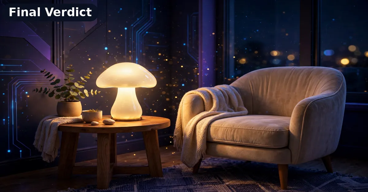 M.Anju Lamp Verdict M.Anju mushroom rechargeable table lamp glowing in a cozy bedroom corner at night