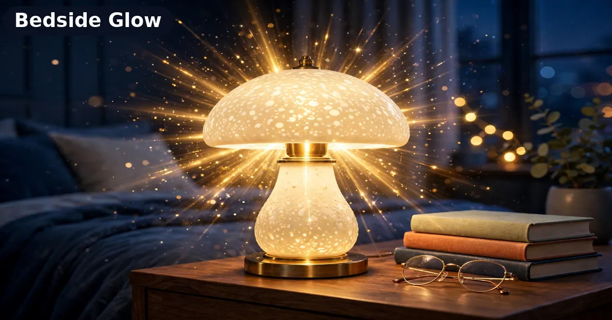 M.Anju Lamp on a Nightstand M.Anju mushroom rechargeable table lamp glowing on a nightstand beside books