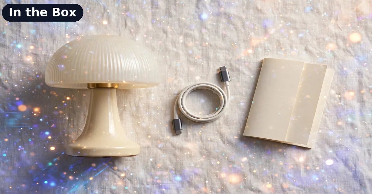 M.Anju Lamp Box Contents M.Anju mushroom lamp with its USB-C cable and manual laid out flat