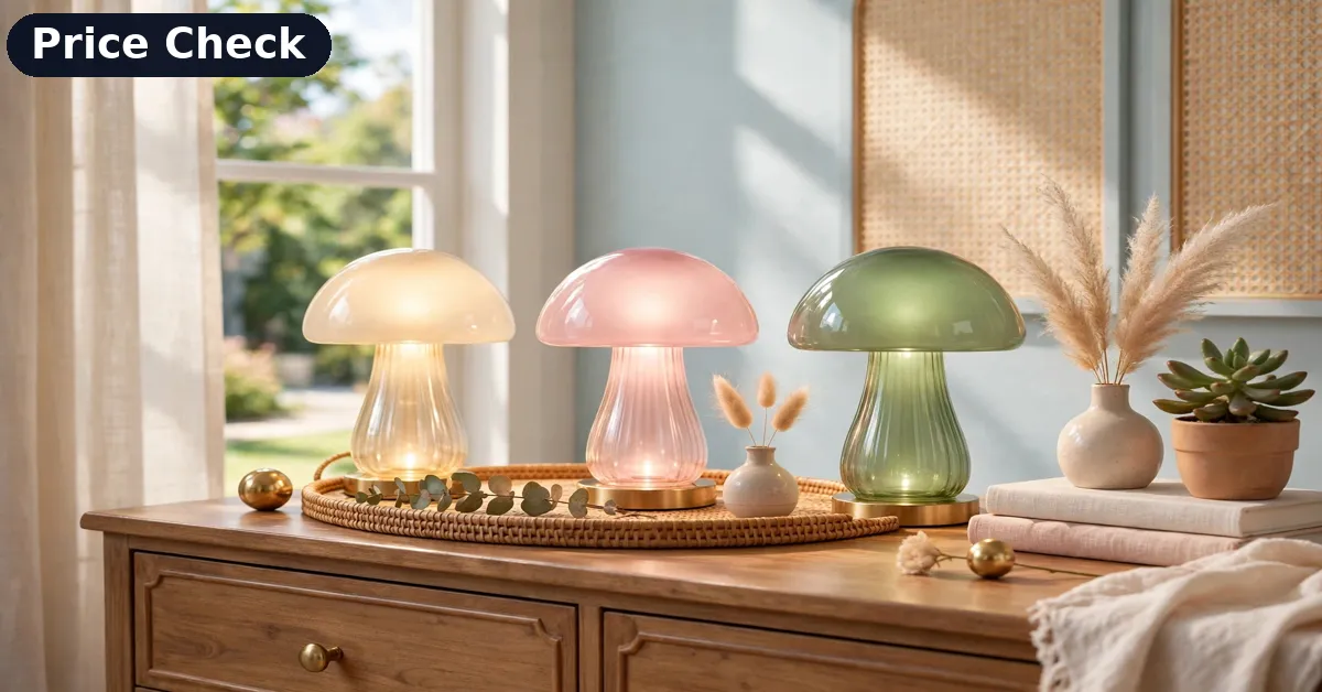 M.Anju Lamp Colour Range M.Anju mushroom table lamps in cream, pink and green on a dresser for this price review