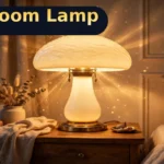 M.Anju mushroom rechargeable table lamp in cream glass glowing on a bedside table at dusk