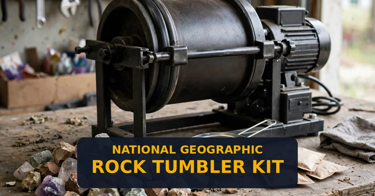 National Geographic Rock Tumbler Kit review - 3 lb barrel tumbler with rough gemstones National Geographic Rock Tumbler Kit review - rock tumbler machine with rough gemstones on a workbench