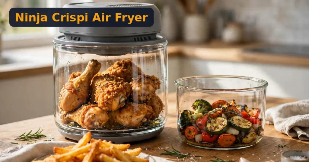 Ninja Crispi review - glass air fryer container with crispy chicken and heating pod on top