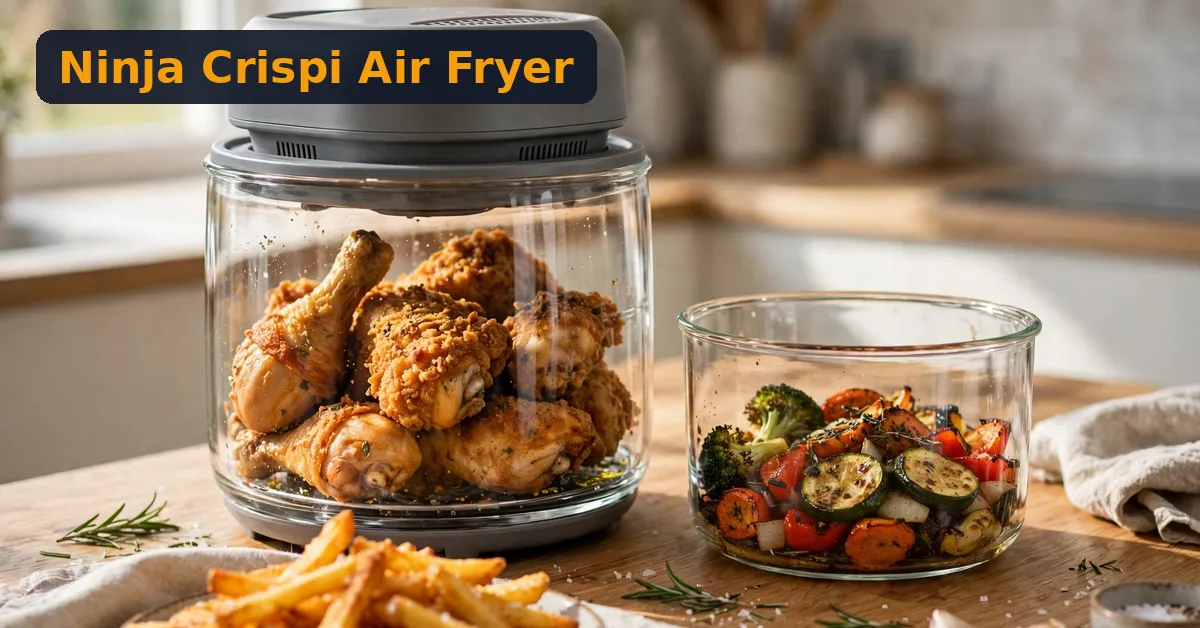 Ninja Crispi review - glass air fryer container with crispy chicken and heating pod on top