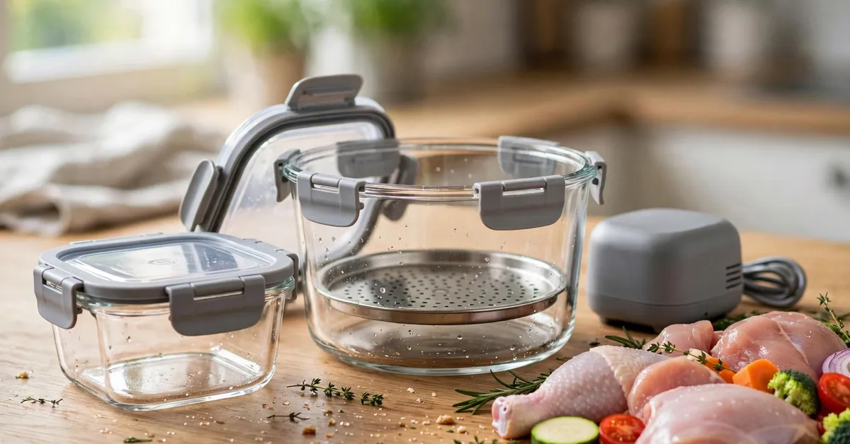 Ninja Crispi glass containers in two sizes with snap lids and crisper plates beside the heating pod