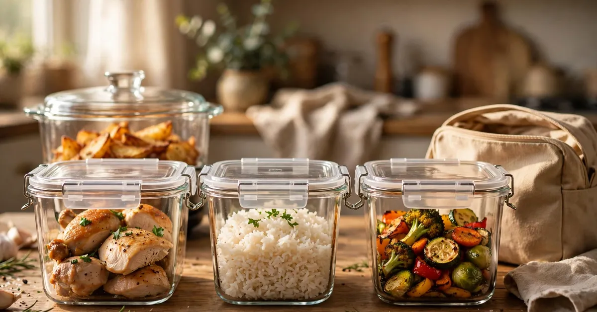 Weekly meal prep in glass containers with the Ninja Crispi glass air fryer behind