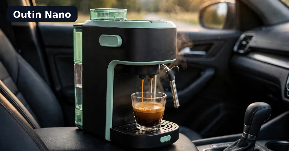 Outin Nano electric portable espresso maker brewing into a glass cup inside a car