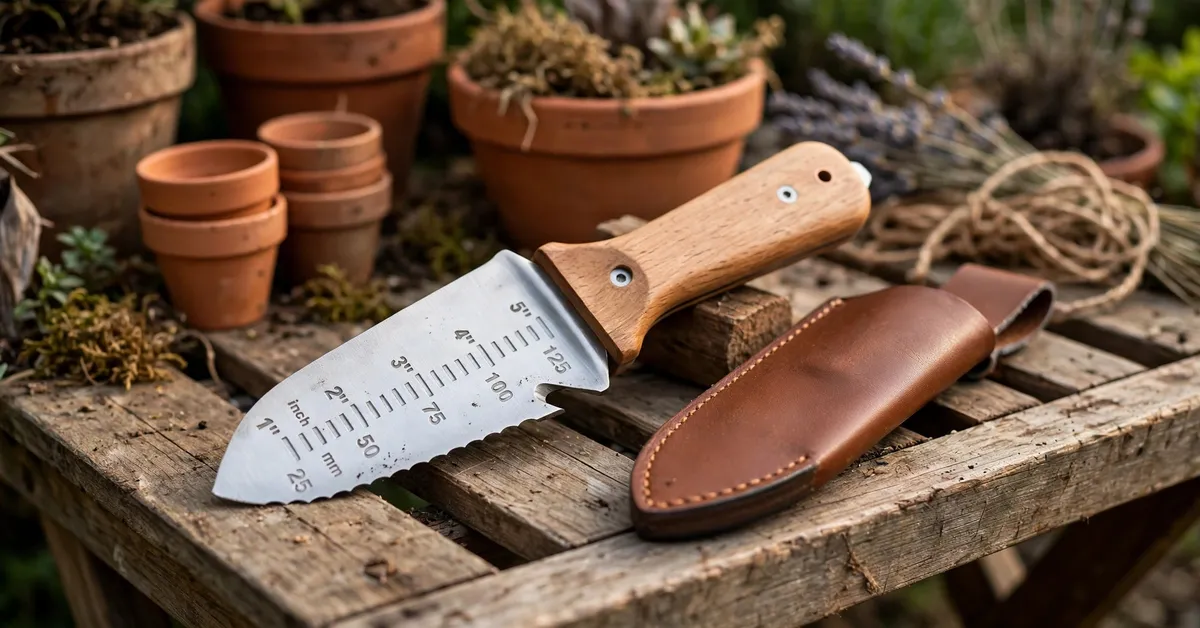 PERWIN hori hori garden knife blade close-up — etched depth measurement marks