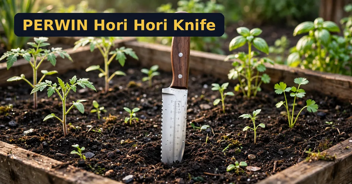 PERWIN hori hori garden knife review — 7-inch stainless blade with walnut handle and sheath