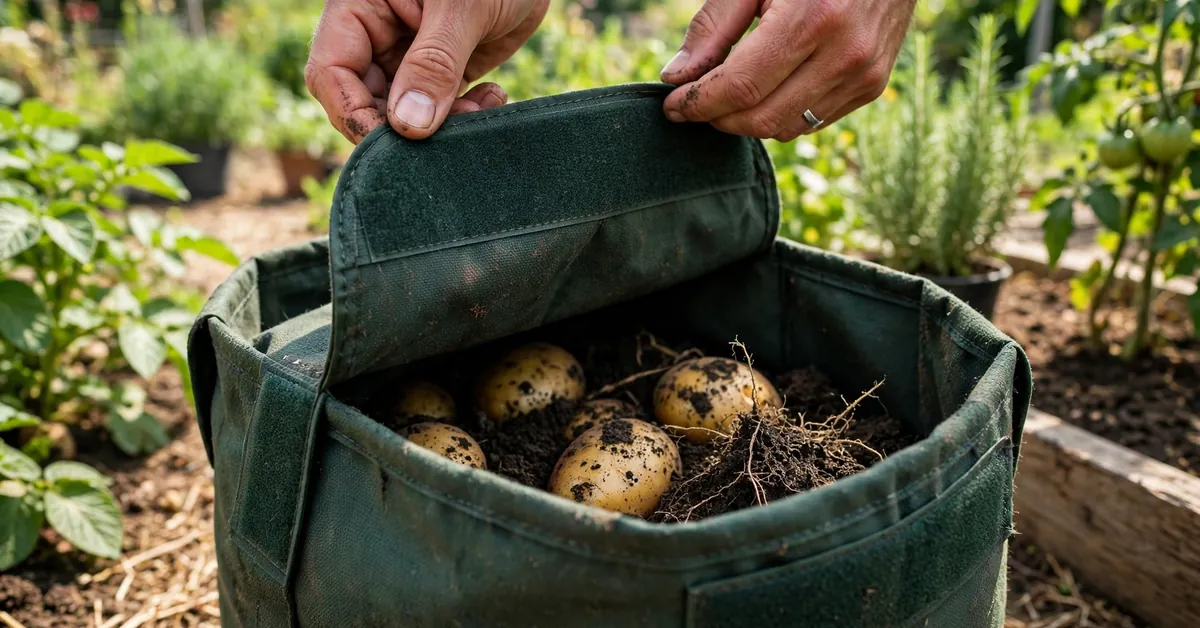 Harvest window flap of a potato grow bag revealing fresh potatoes Harvest window flap of a potato grow bag revealing fresh potatoes
