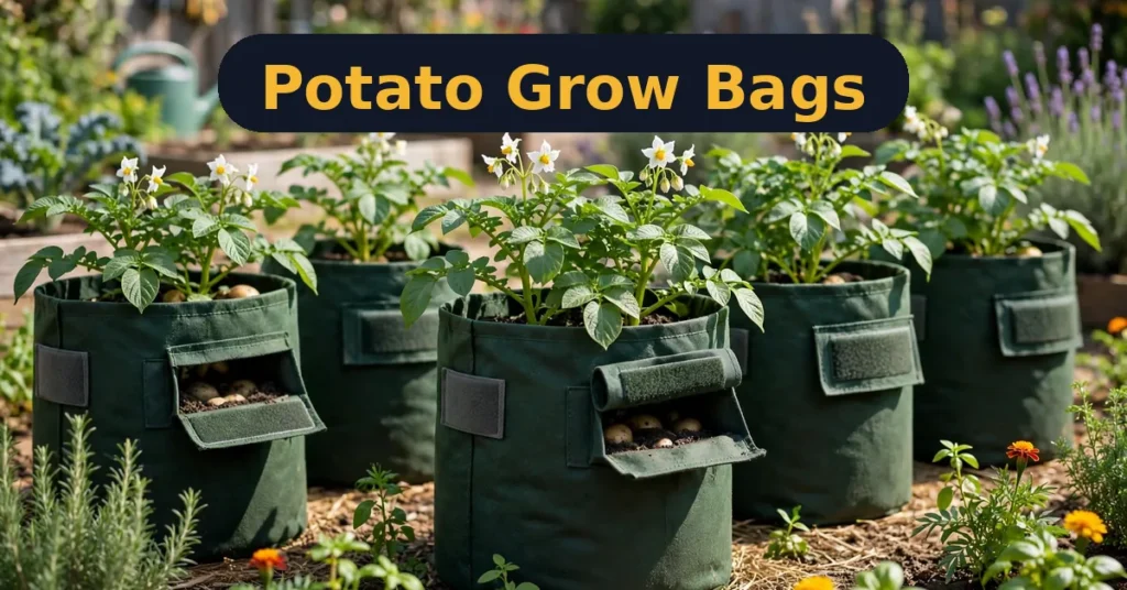 SPONDWILD potato grow bags review — 7-gallon harvest-window grow bags in a sunny garden
