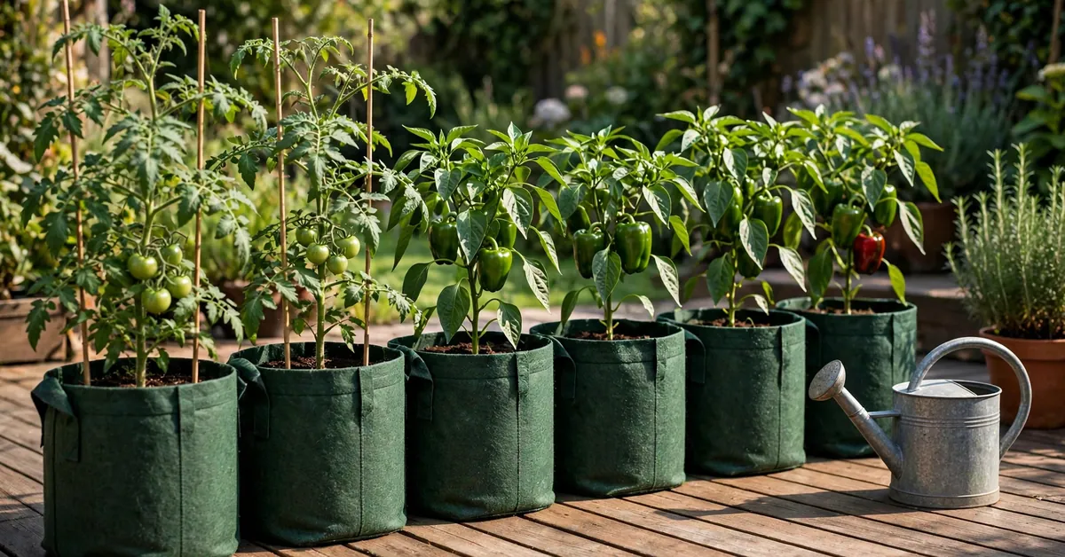 Row of potato grow bags with vegetable plants on a sunny patio Row of potato grow bags with vegetable plants on a sunny patio