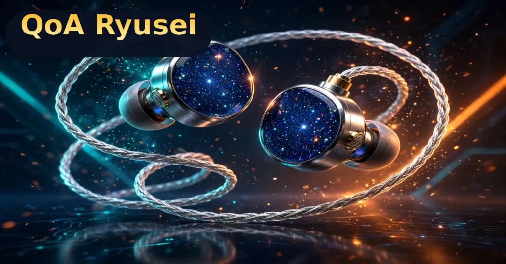 QoA Ryusei review hero image showing the blue glitter faceplate HiFi earphones with braided cable