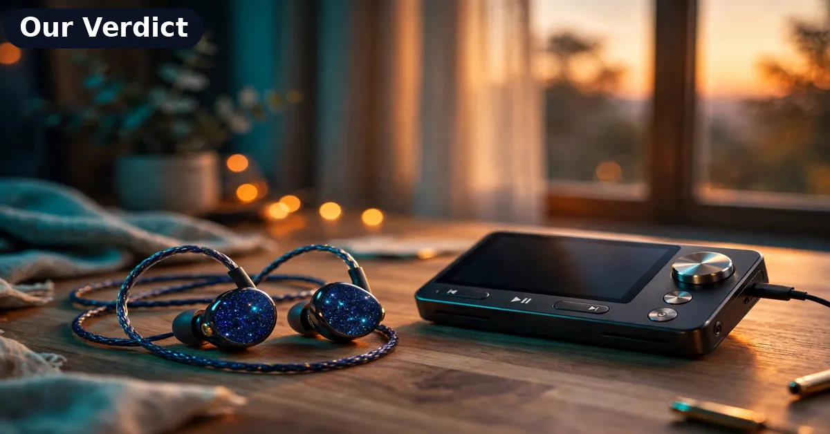 QoA Ryusei earphones beside a hi-res music player in this review verdict