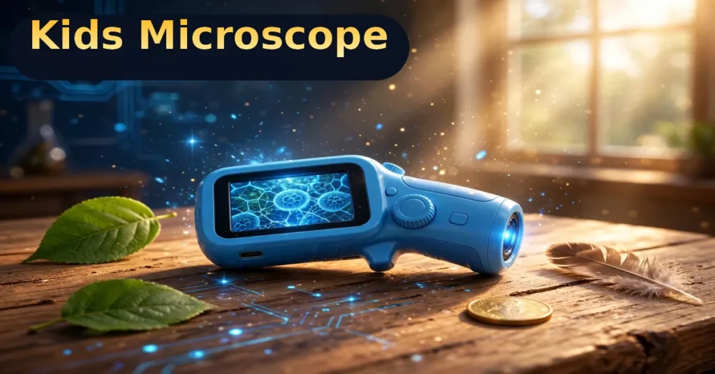 RIVGOT kids microscope in blue with its screen showing a magnified leaf on an explorer table