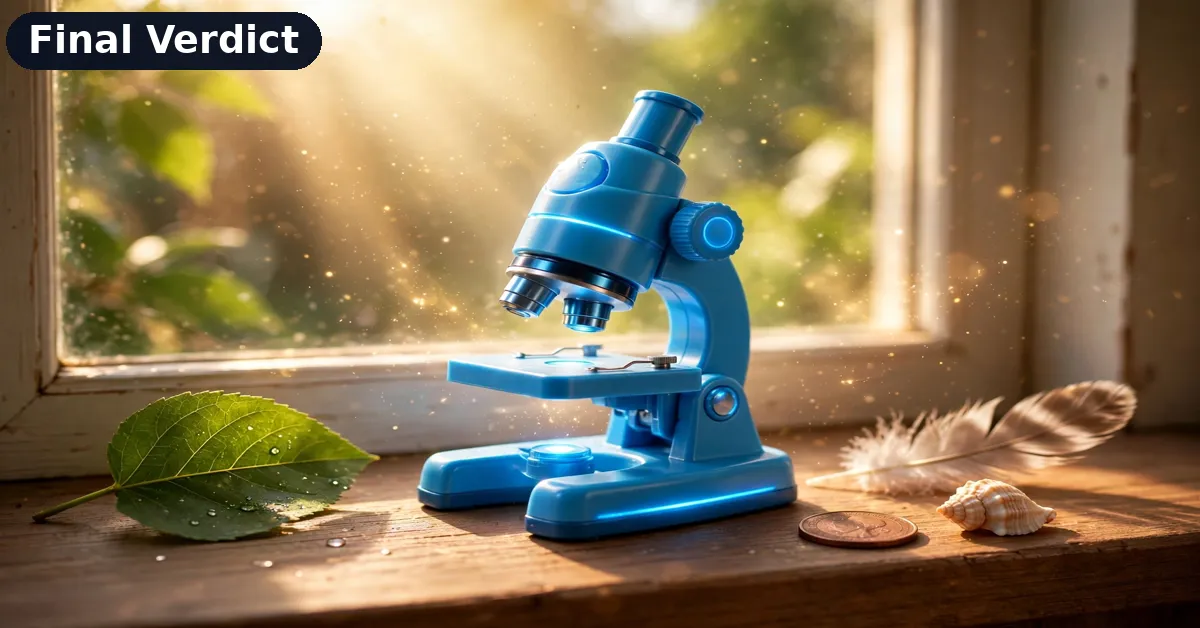 RIVGOT Microscope Verdict RIVGOT kids microscope on a windowsill beside a leaf, feather, coin and shell collection