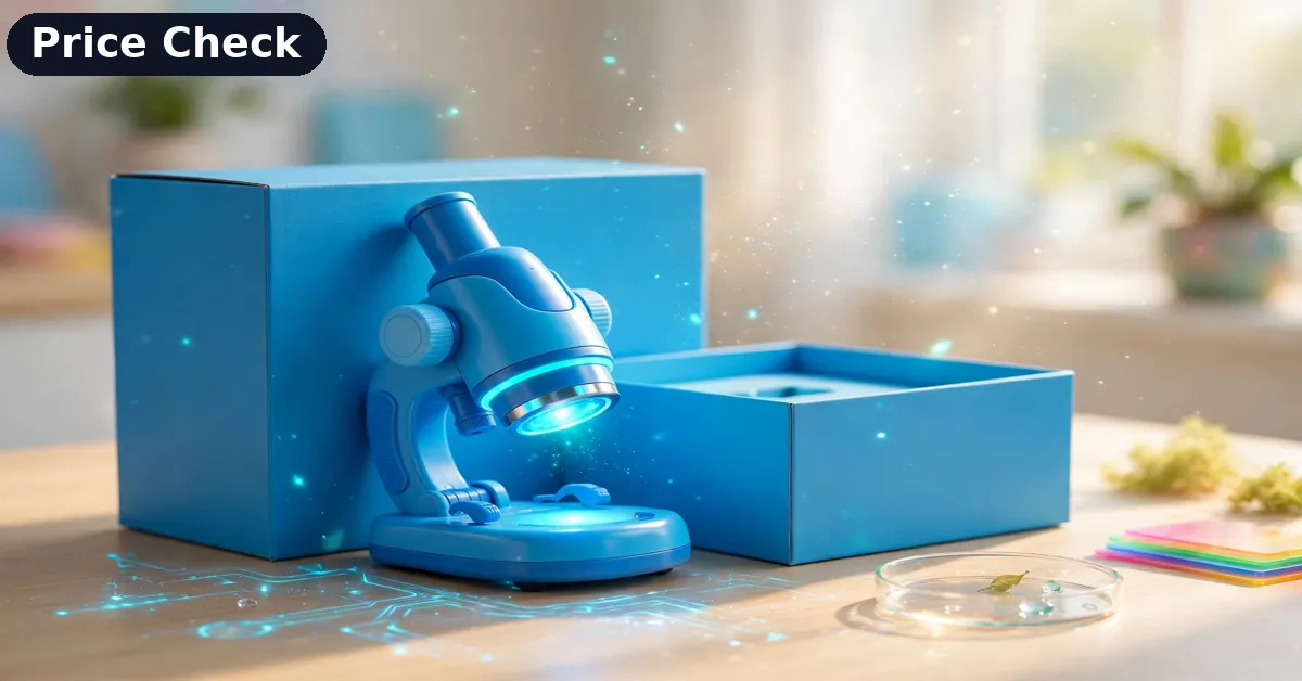 RIVGOT Microscope Gift Box RIVGOT kids microscope resting against its gift box for this price review